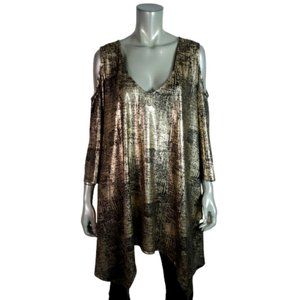 Roaman's Top Sz 26/28 Gold Metallic Cold‎ Shoulder Asymmetric Hem Stretch Tunic
